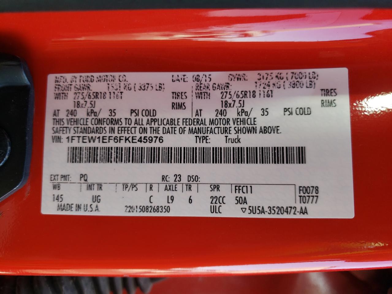 Photo 10 from auction – 2015 FORD F150 SUPER with VIN 1FTEW1EF6FKE45976