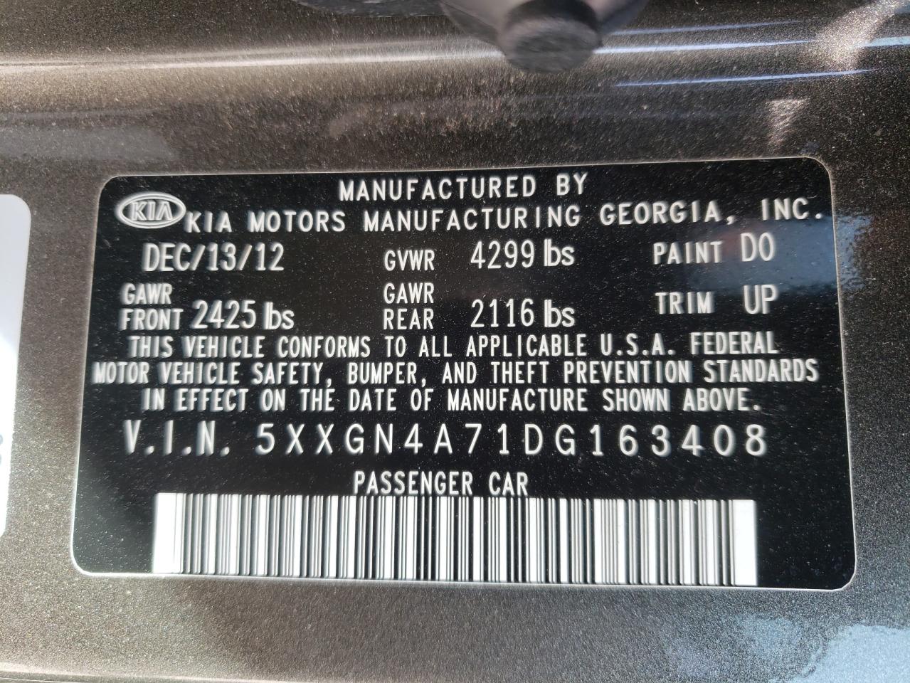 Photo 10 from auction – 2013 KIA OPTIMA EX with VIN 5XXGN4A71DG163408