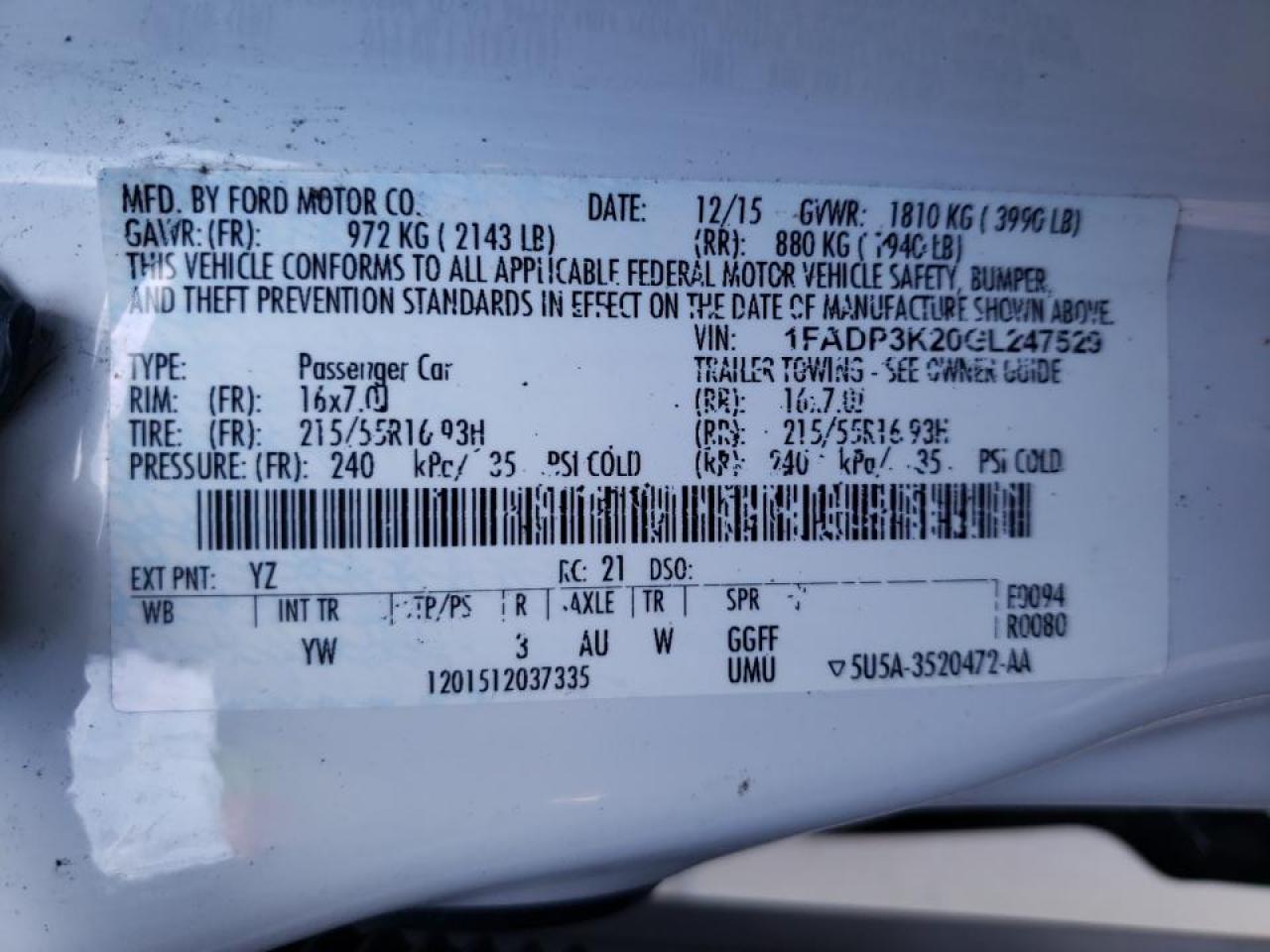 Photo 10 from auction – 2016 FORD FOCUS SE with VIN 1FADP3K20GL247529