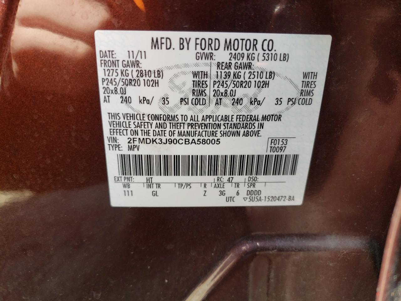 Photo 10 from auction – 2012 FORD EDGE SEL with VIN 2FMDK3J90CBA58005