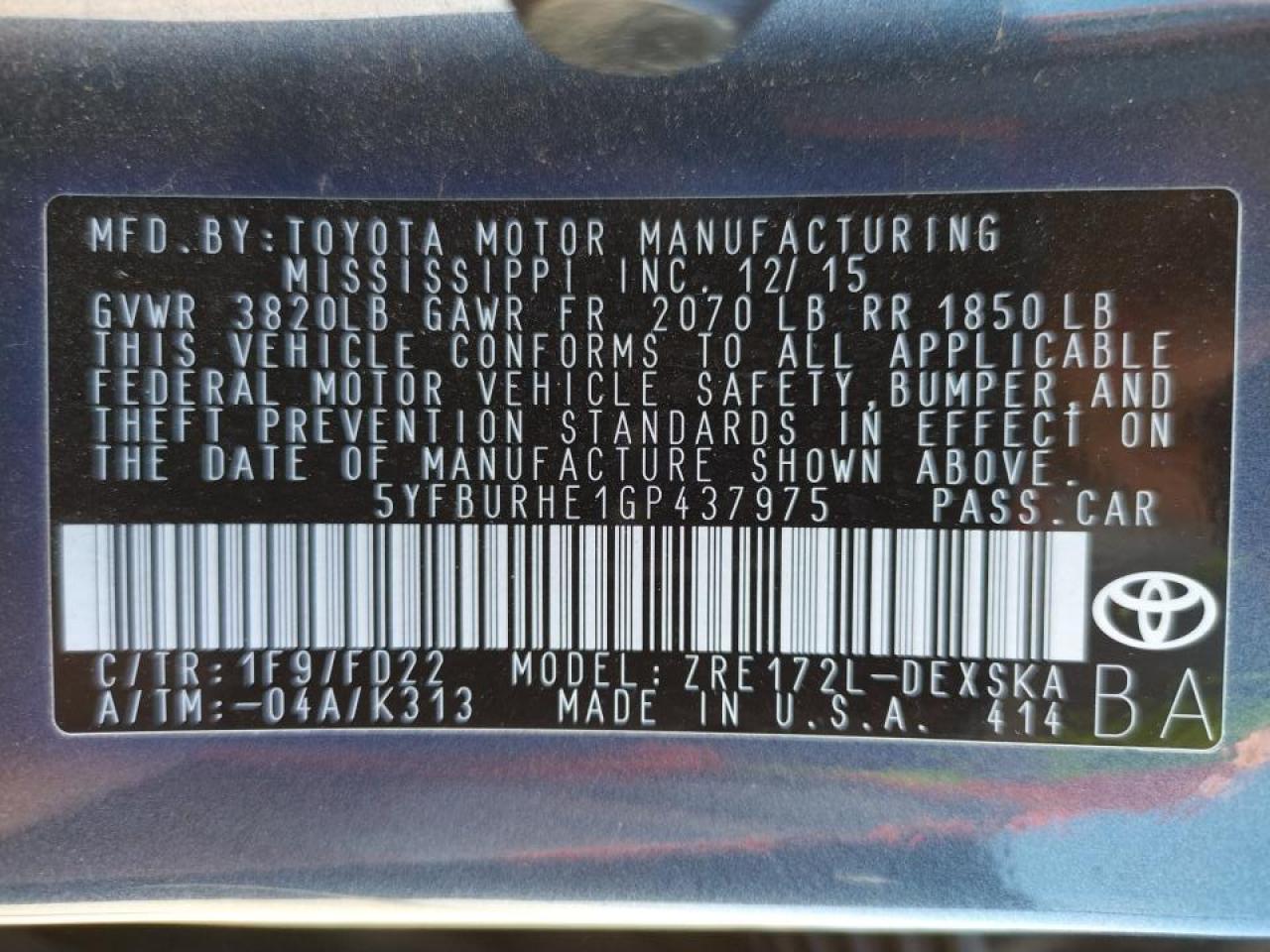 Photo 10 from auction – 2016 TOYOTA COROLLA L with VIN 5YFBURHE1GP437975