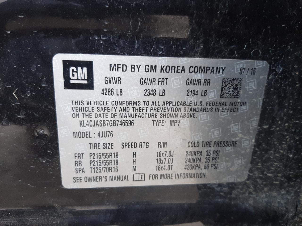 Photo 10 from auction – 2016 BUICK ENCORE with VIN KL4CJASB7GB746596