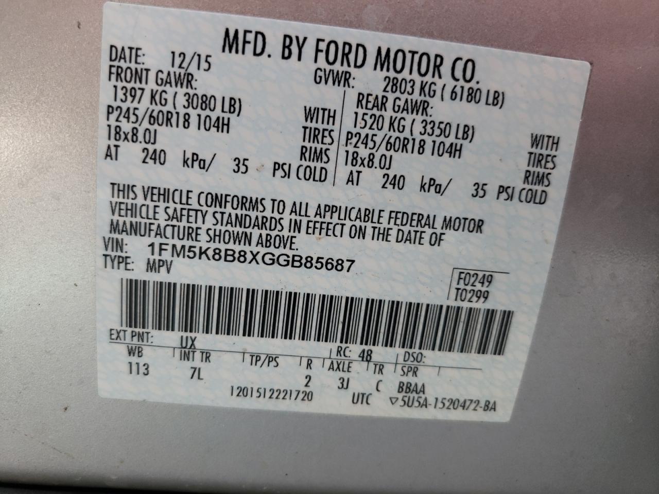 Photo 10 from auction – 2016 FORD EXPLORER with VIN 1FM5K8B8XGGB85687