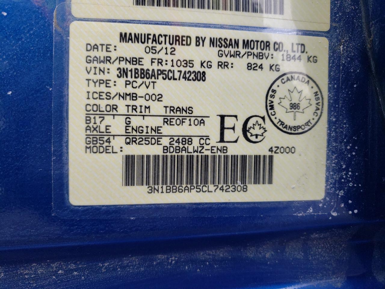 Photo 10 from auction – 2012 NISSAN SENTRA SE- with VIN 3N1BB6AP5CL742308