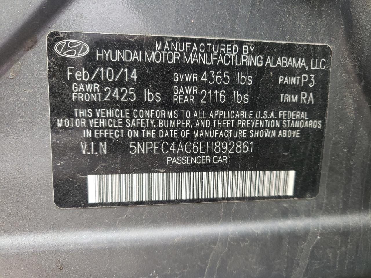 Photo 10 from auction – 2014 HYUNDAI SONATA SE with VIN 5NPEC4AC6EH892861