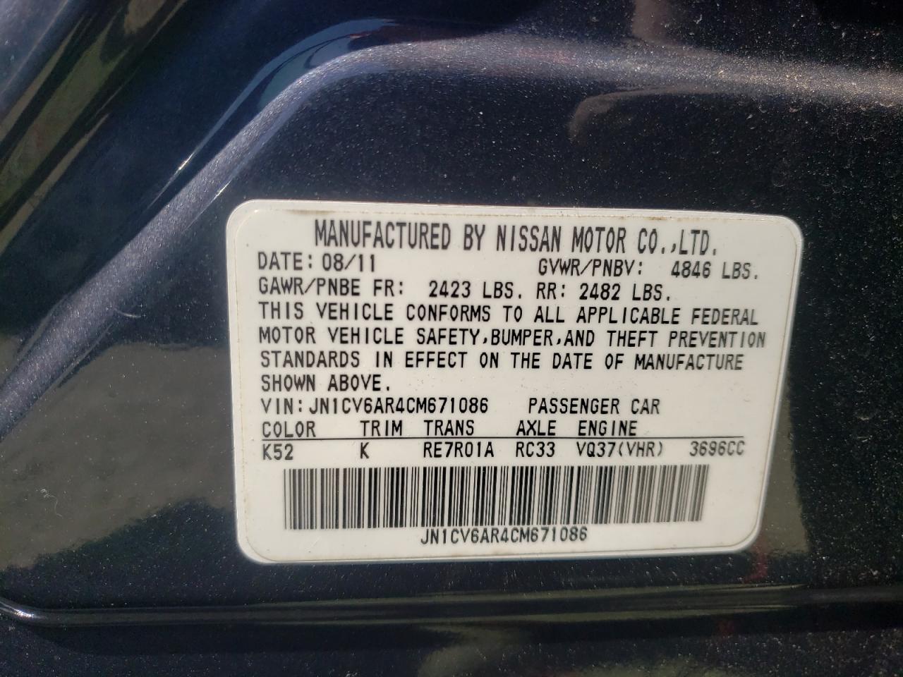 Photo 10 from auction – 2012 INFINITI G37 with VIN JN1CV6AR4CM671086