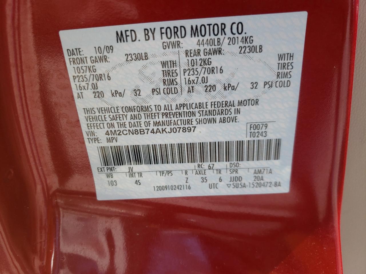 Photo 10 from auction – 2010 MERCURY MARINER with VIN 4M2CN8B74AKJ07897