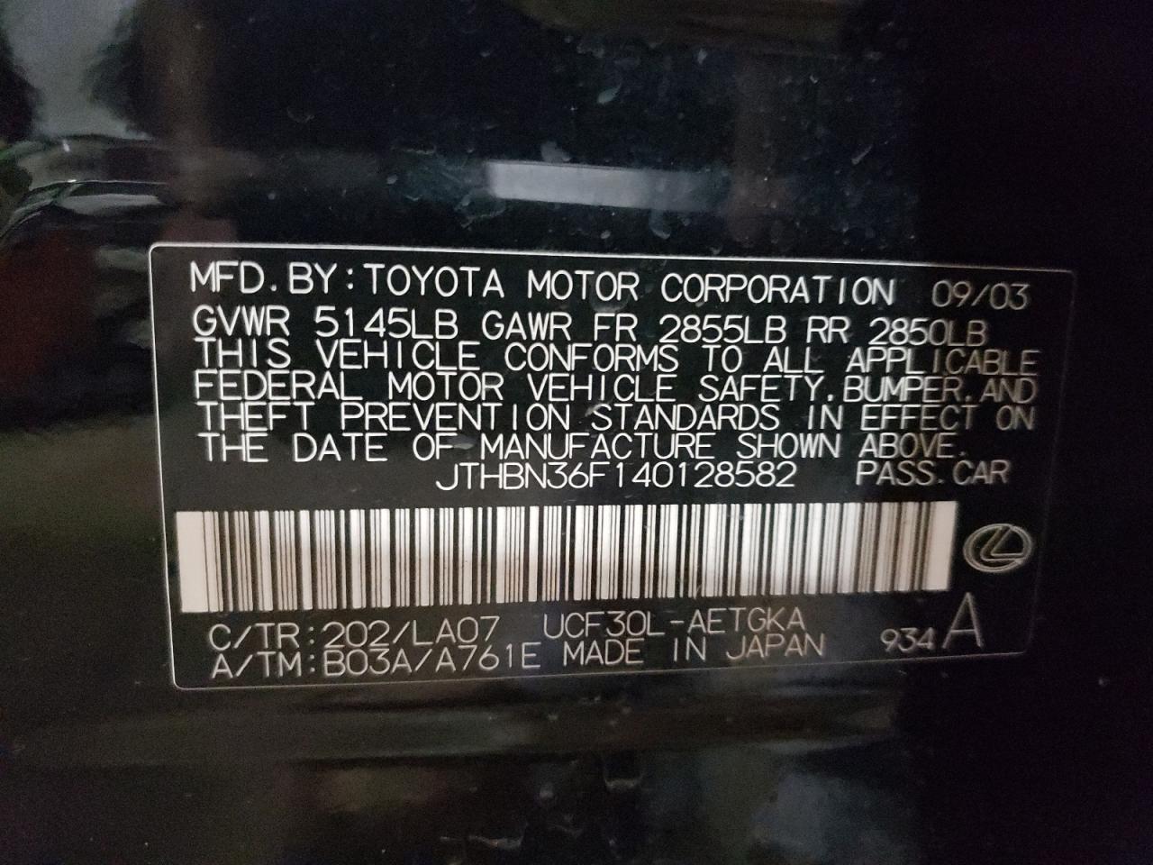 Photo 10 from auction – 2004 LEXUS LS 430 with VIN JTHBN36F140128582