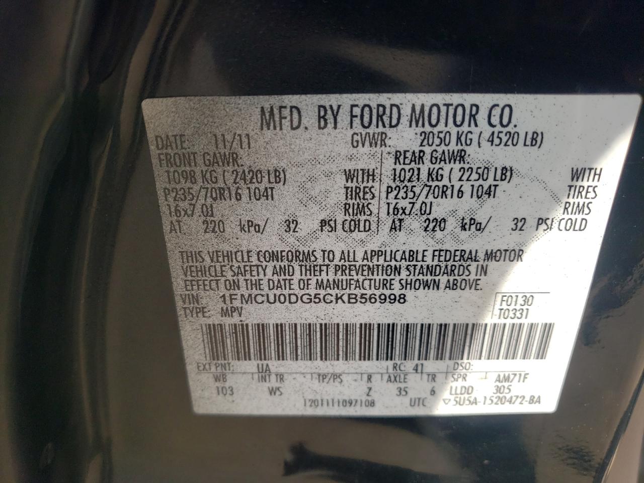 Photo 10 from auction – 2012 FORD ESCAPE XLT with VIN 1FMCU0DG5CKB56998
