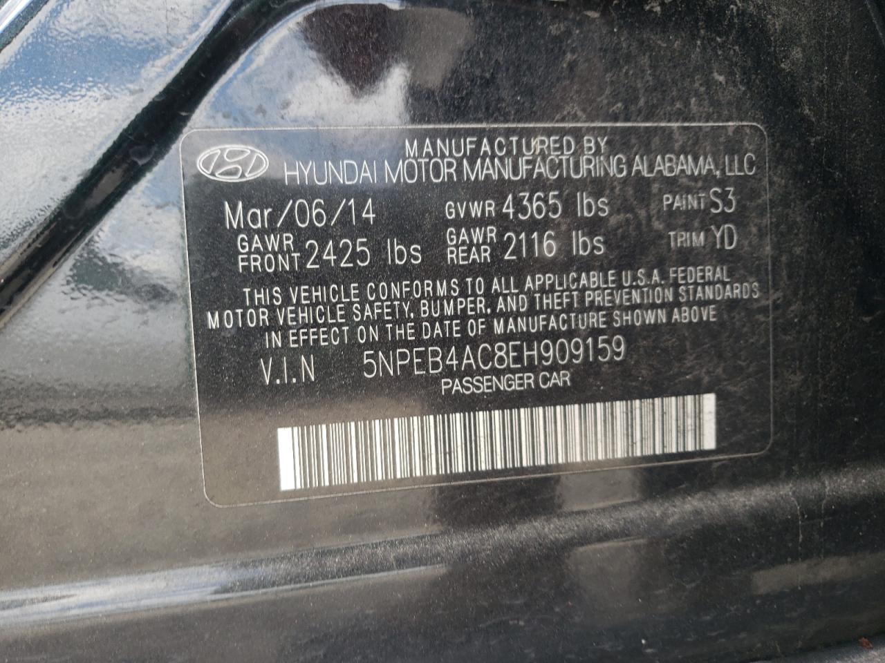 Photo 10 from auction – 2014 HYUNDAI SONATA GLS with VIN 5NPEB4AC8EH909159