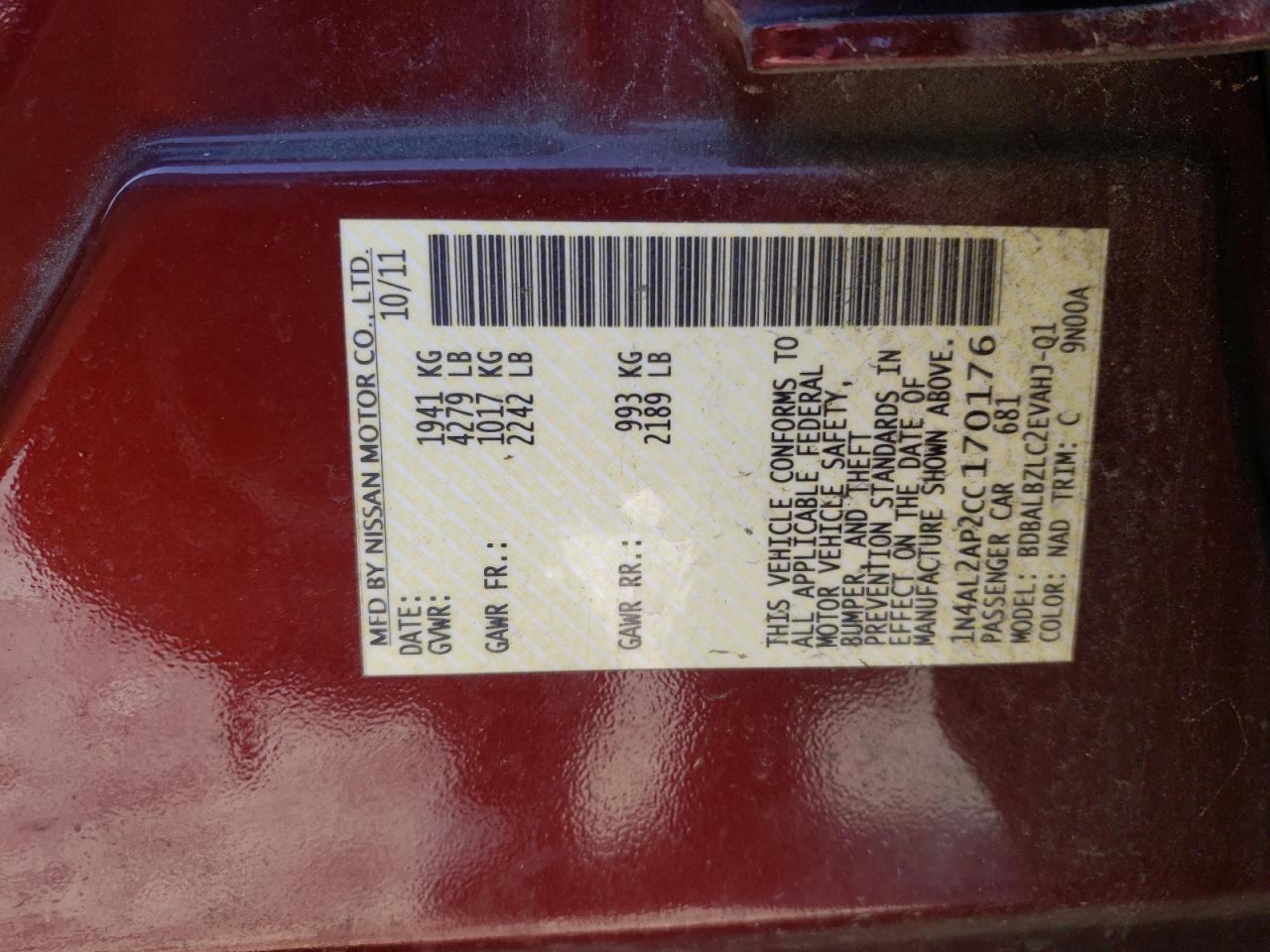 Photo 10 from auction – 2012 NISSAN ALTIMA with VIN 1N4AL2AP2CC170176