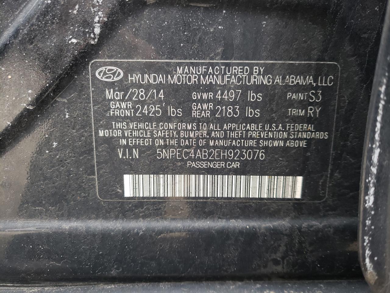 Photo 10 from auction – 2014 HYUNDAI SONATA SE with VIN 5NPEC4AB2EH923076