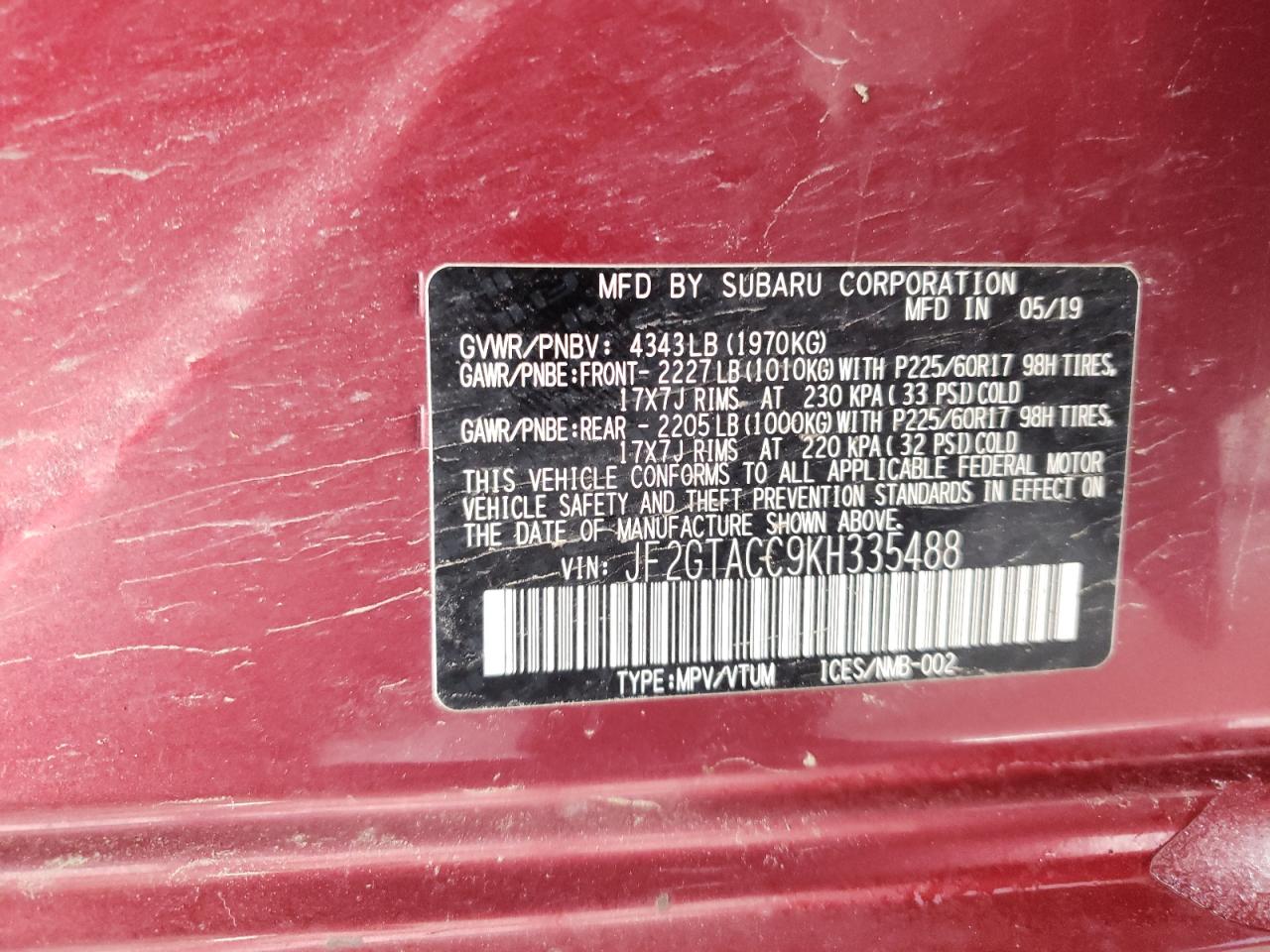 Photo 10 from auction – 2019 SUBARU CROSSTREK with VIN JF2GTACC9KH335488