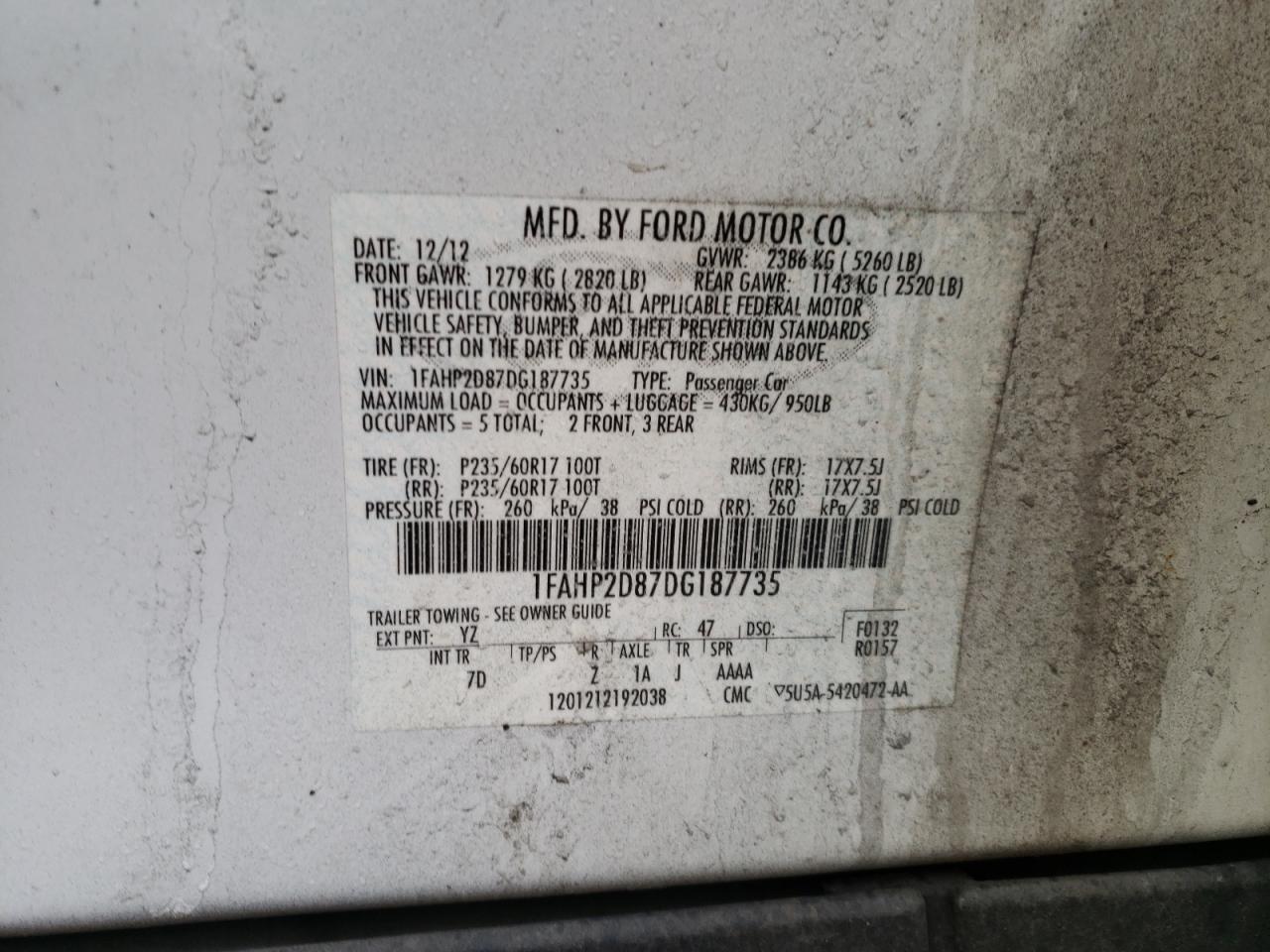 Photo 10 from auction – 2013 FORD TAURUS SE with VIN 1FAHP2D87DG187735