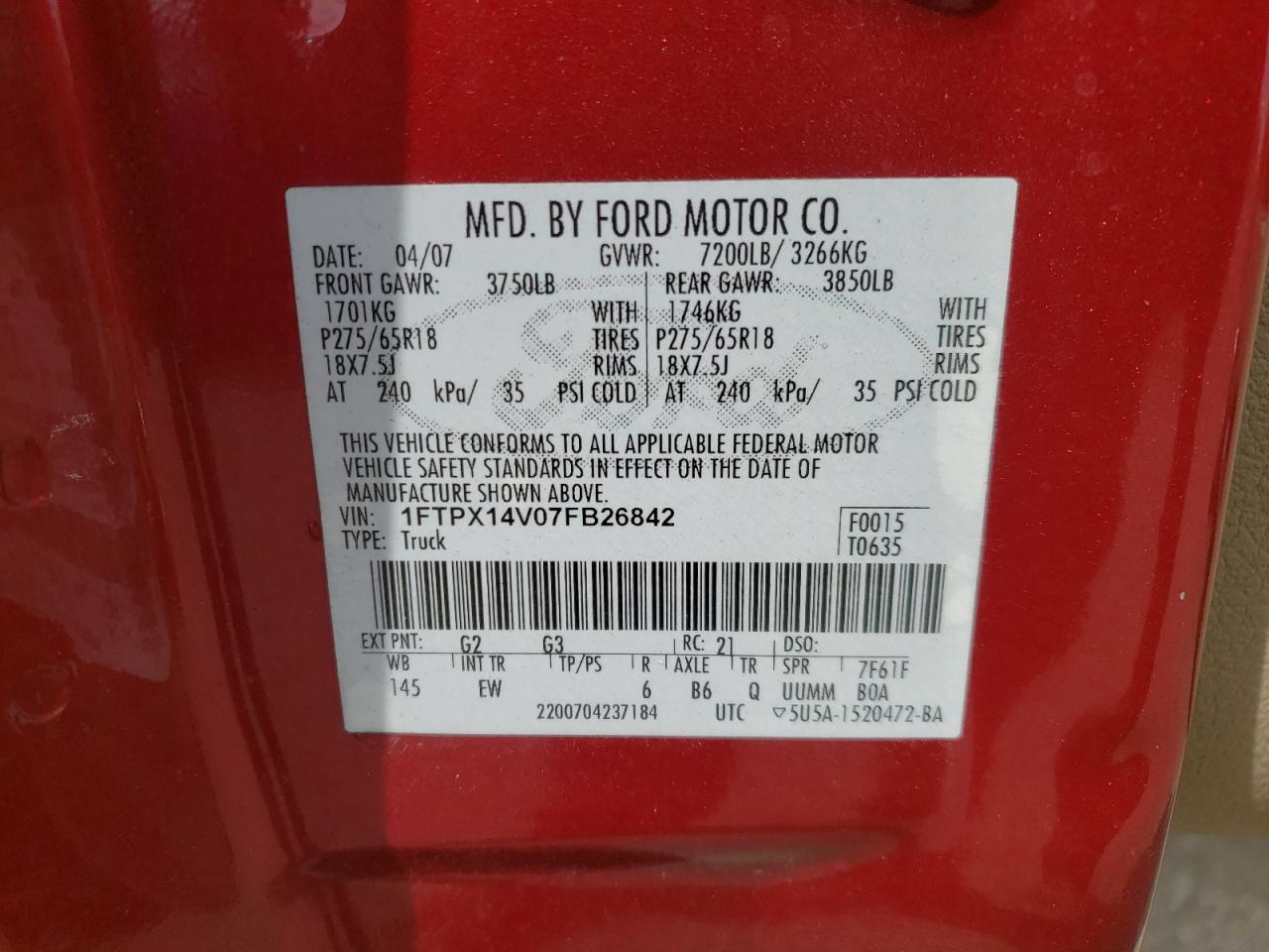 Photo 10 from auction – 2007 FORD F150 with VIN 1FTPX14V07FB26842