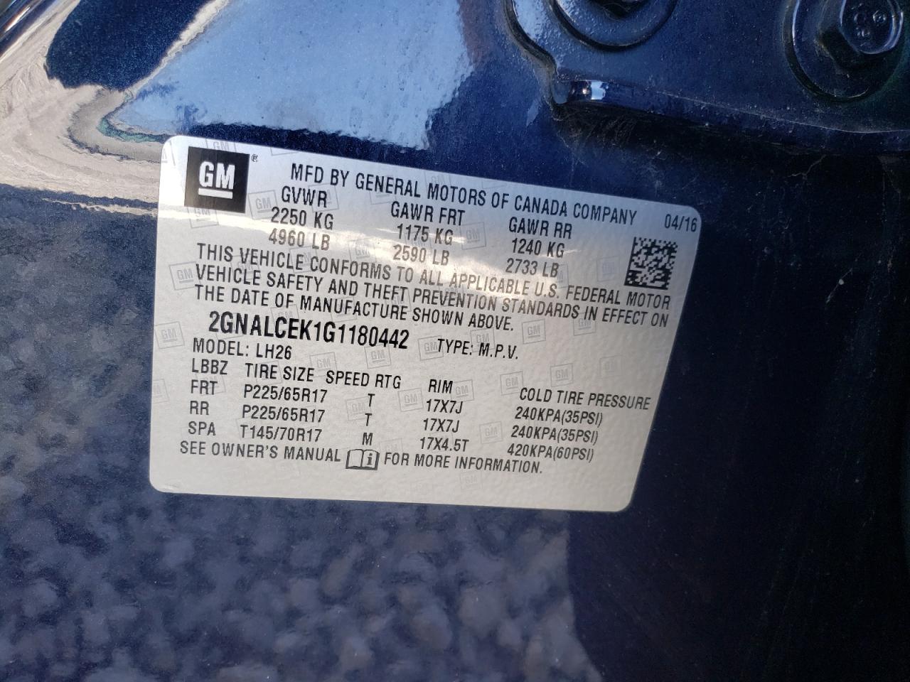 Photo 10 from auction – 2016 CHEVROLET EQUINOX LT with VIN 2GNALCEK1G1180442