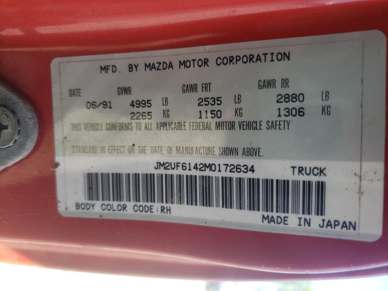 Photo 10 from auction – 1991 MAZDA B2600 CAB with VIN JM2UF6142M0172634