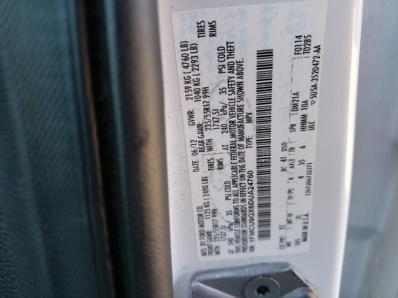Photo 10 from auction – 2013 FORD ESCAPE SE with VIN 1FMCU9GX6DUA24760