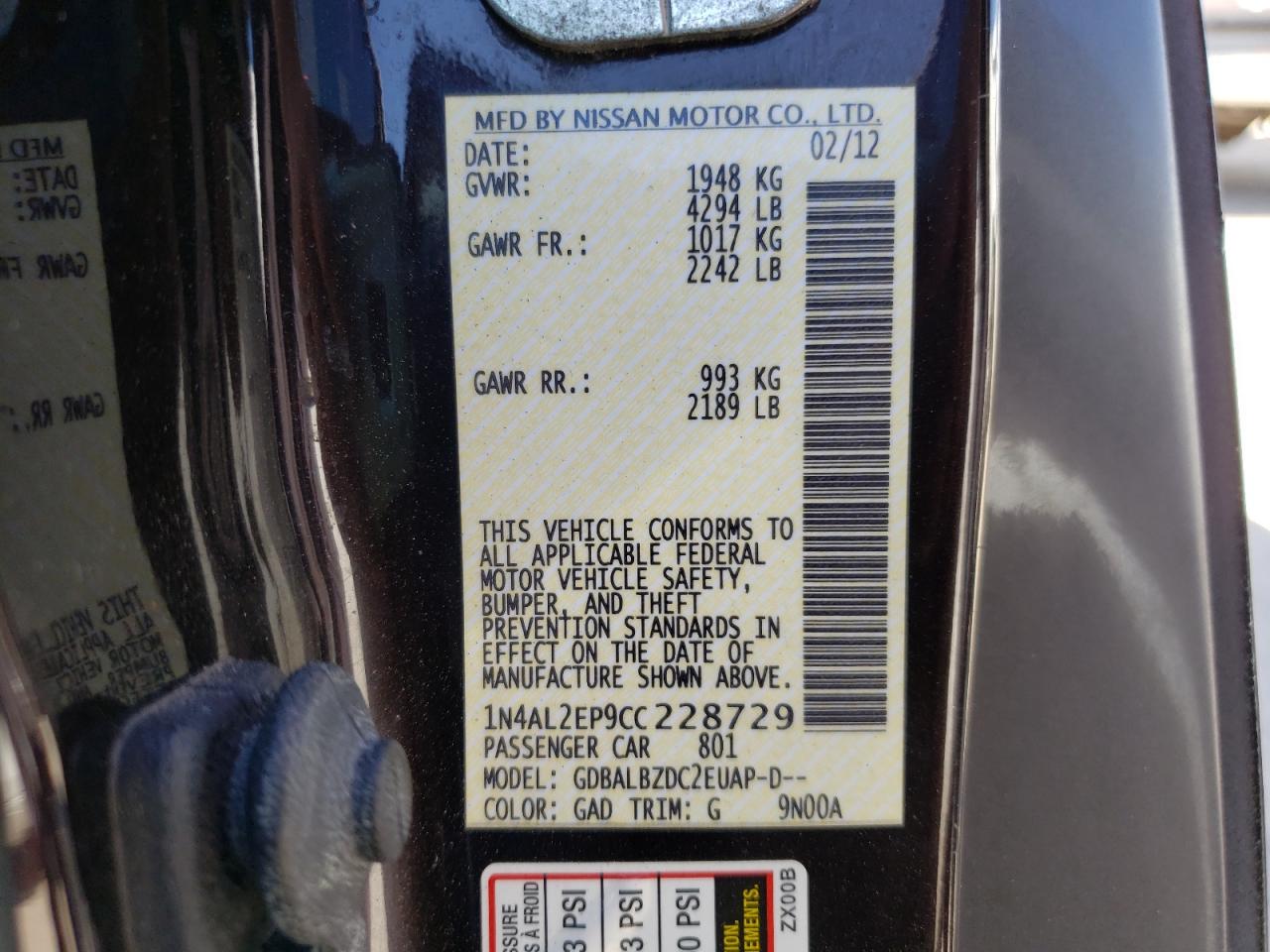 Photo 10 from auction – 2012 NISSAN ALTIMA S with VIN 1N4AL2EP9CC228729
