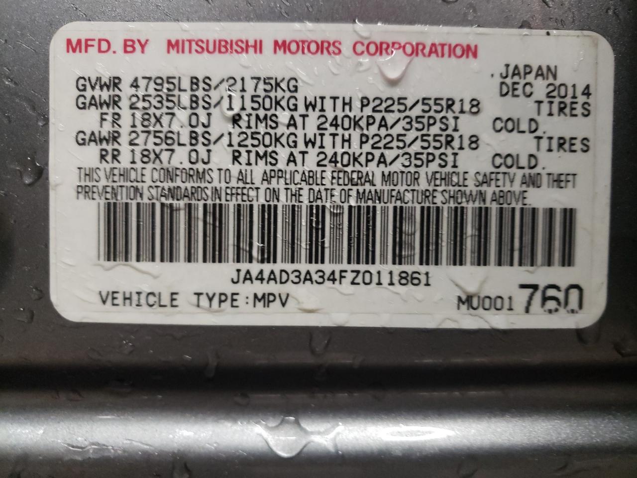 Photo 10 from auction – 2015 MITSUBISHI OUTLANDER with VIN JA4AD3A34FZ011861