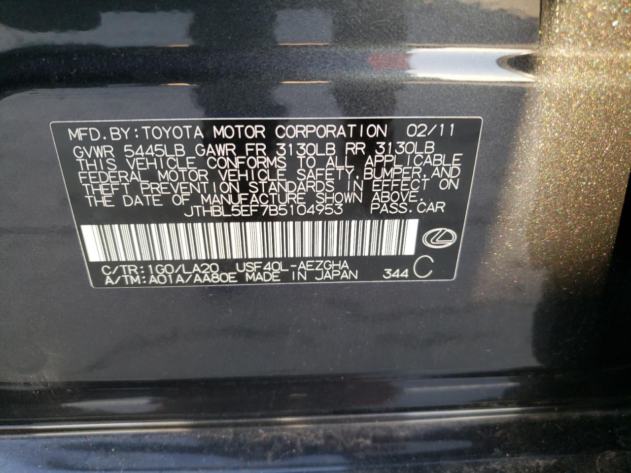 Photo 10 from auction – 2011 LEXUS LS 460 with VIN JTHBL5EF7B5104953