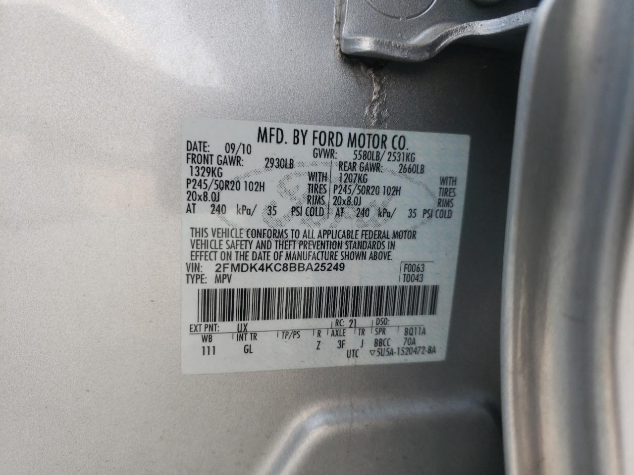 Photo 10 from auction – 2011 FORD EDGE LIMIT with VIN 2FMDK4KC8BBA25249