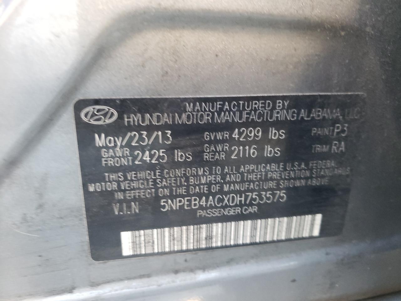 Photo 10 from auction – 2013 HYUNDAI SONATA GLS with VIN 5NPEB4ACXDH753575