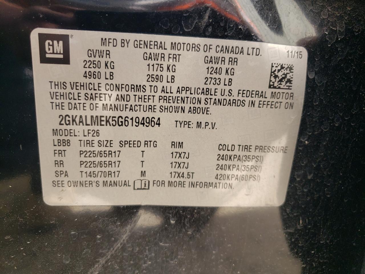 Photo 10 from auction – 2016 GMC TERRAIN SL with VIN 2GKALMEK5G6194964