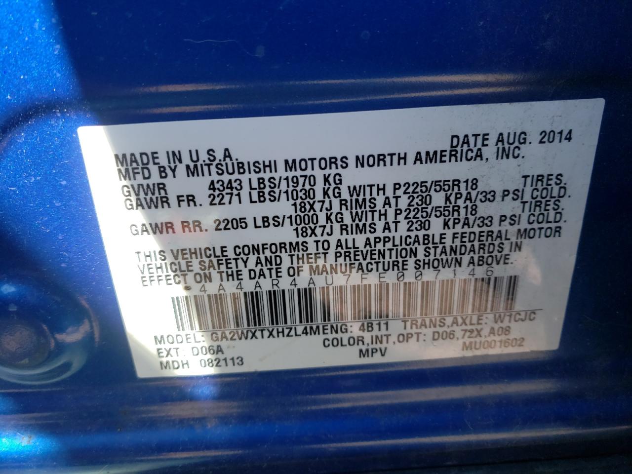 Photo 10 from auction – 2015 MITSUBISHI OUTLANDER with VIN 4A4AR4AU7FE007146