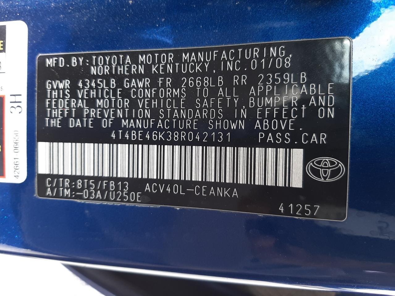 Photo 10 from auction – 2008 TOYOTA CAMRY CE with VIN 4T4BE46K38R042131