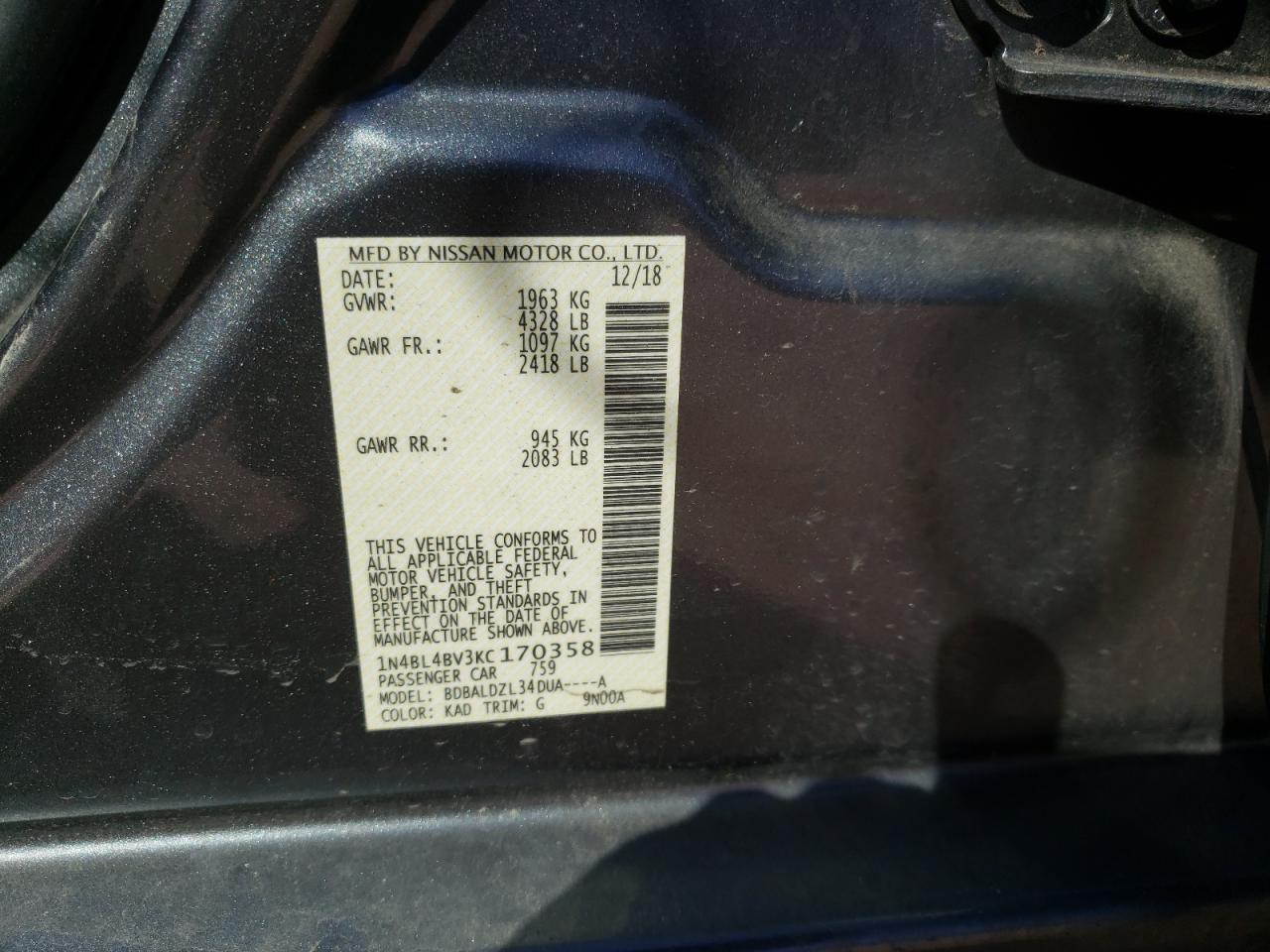 Photo 10 from auction – 2019 NISSAN ALTIMA S with VIN 1N4BL4BV3KC170358