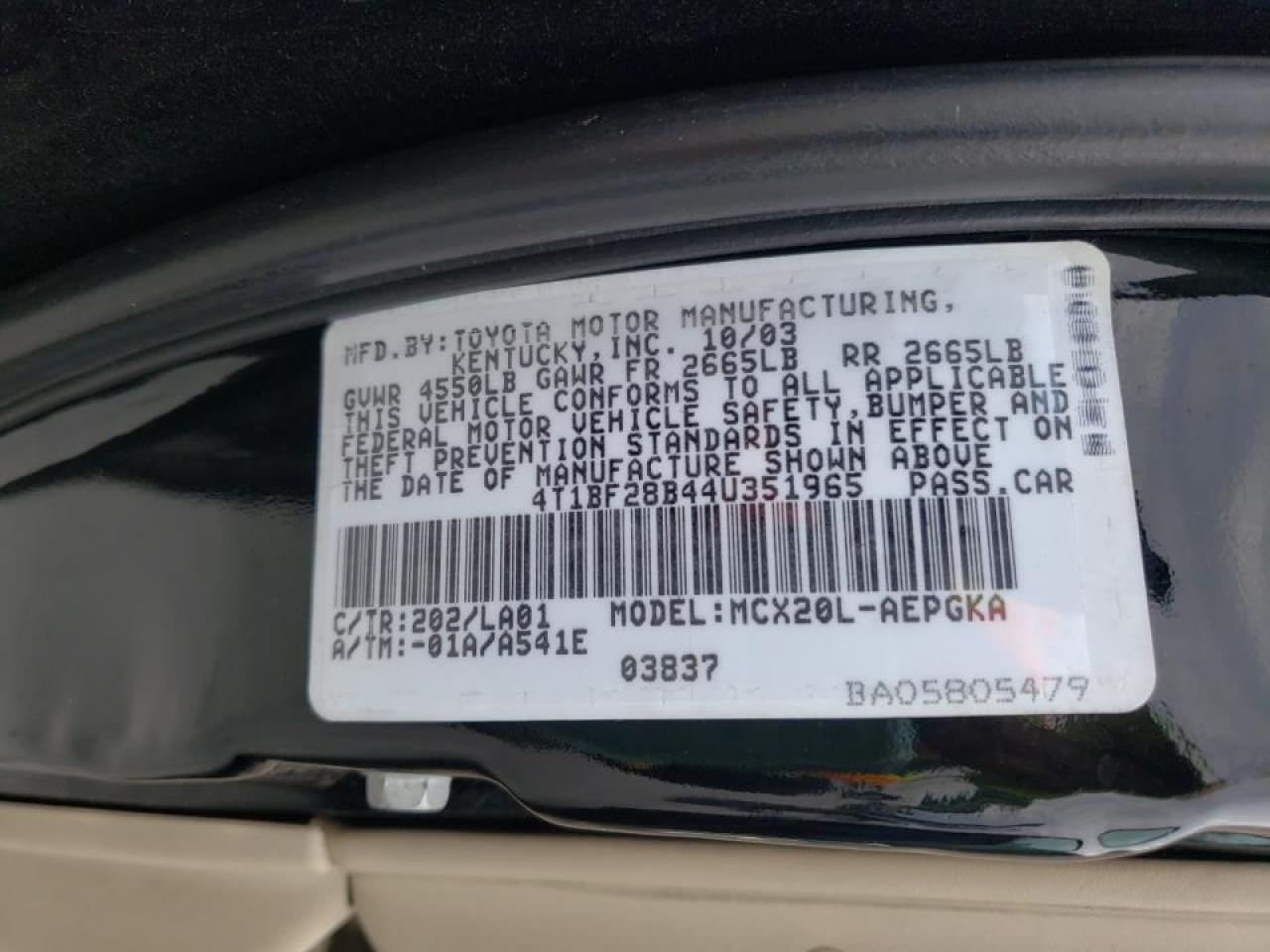 Photo 10 from auction – 2004 TOYOTA AVALON XL with VIN 4T1BF28B44U351965