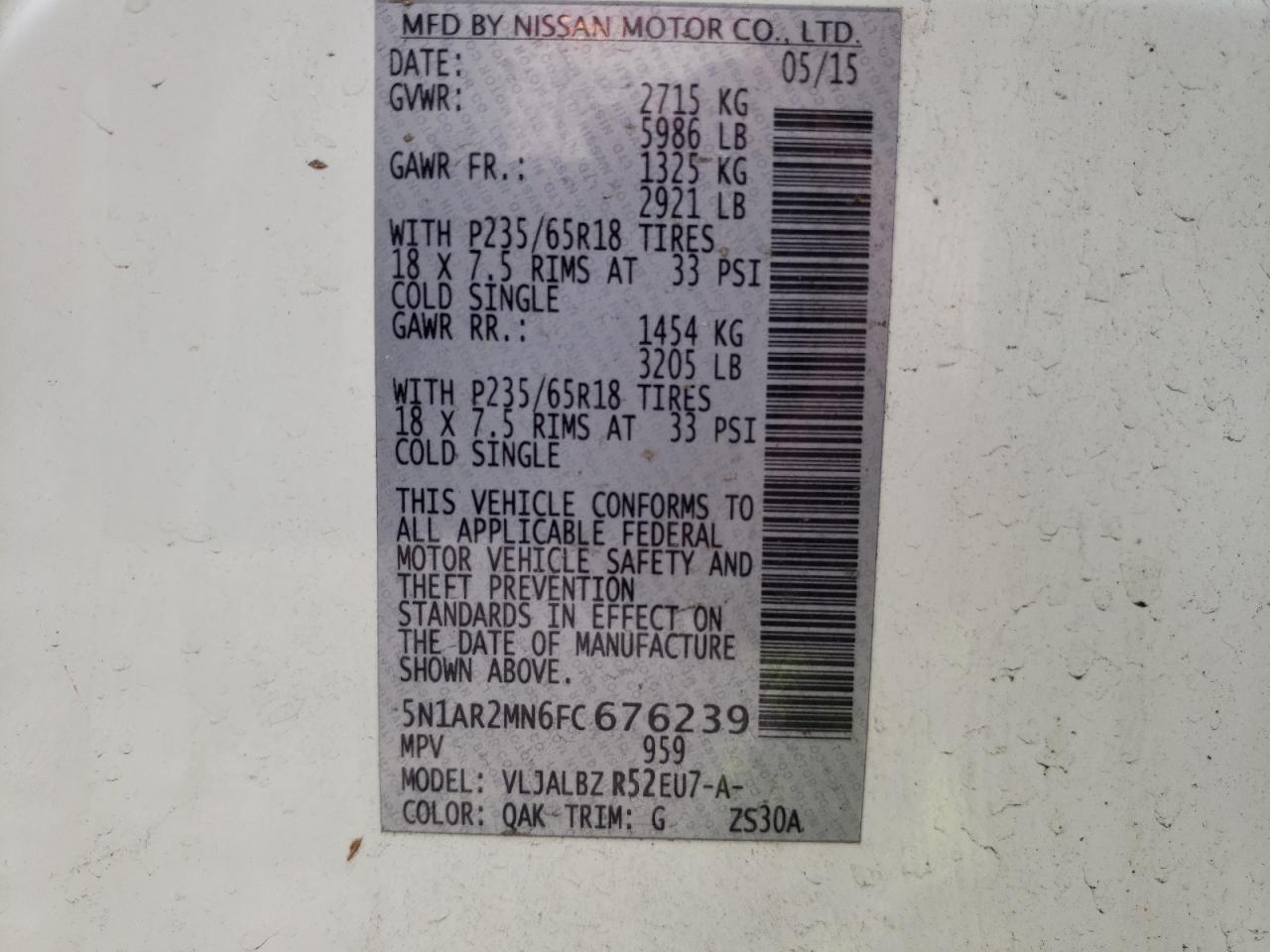 Photo 10 from auction – 2015 NISSAN PATHFINDER with VIN 5N1AR2MN6FC676239