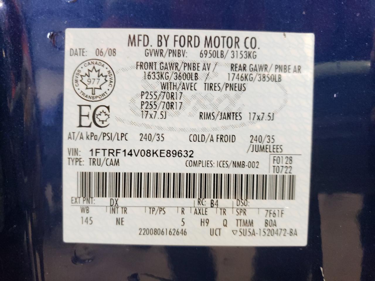 Photo 10 from auction – 2008 FORD F150 with VIN 1FTRF14V08KE89632