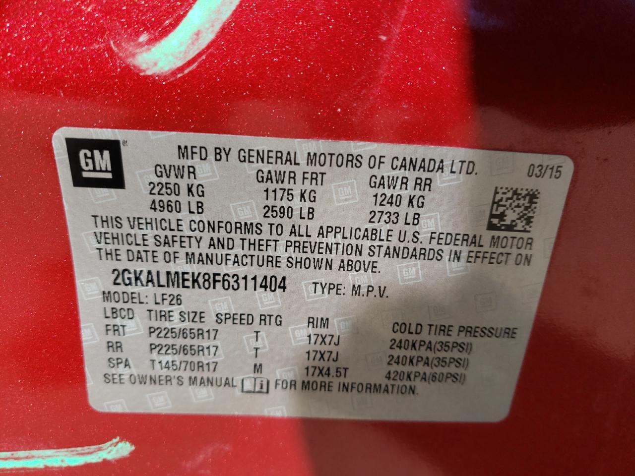 Photo 10 from auction – 2015 GMC TERRAIN SL with VIN 2GKALMEK8F6311404