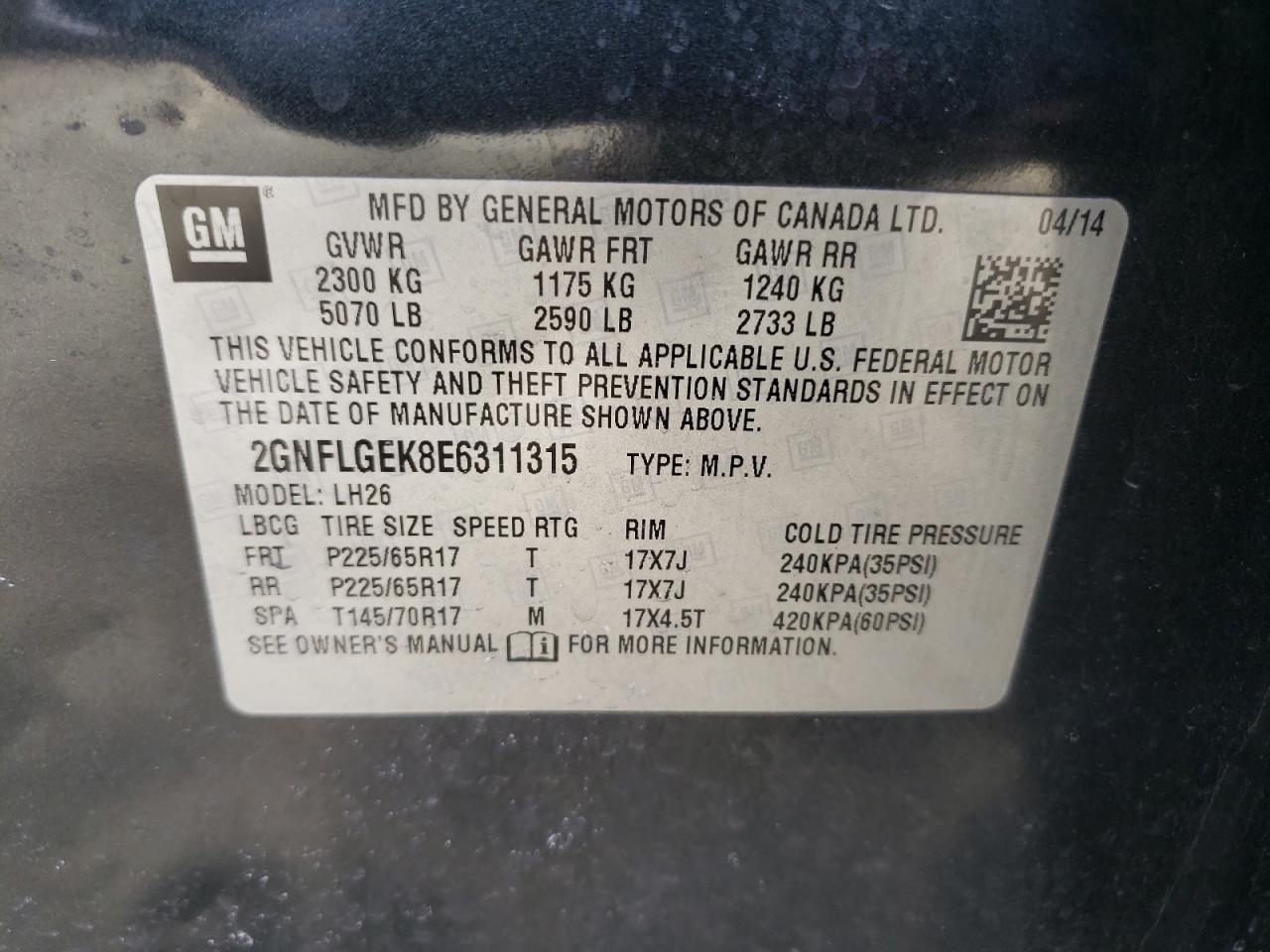 Photo 10 from auction – 2014 CHEVROLET EQUINOX LT with VIN 2GNFLGEK8E6311315