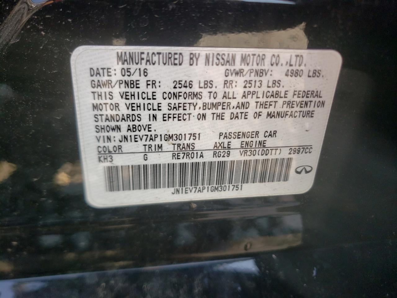 Photo 10 from auction – 2016 INFINITI Q50 PREMIU with VIN JN1EV7AP1GM301751