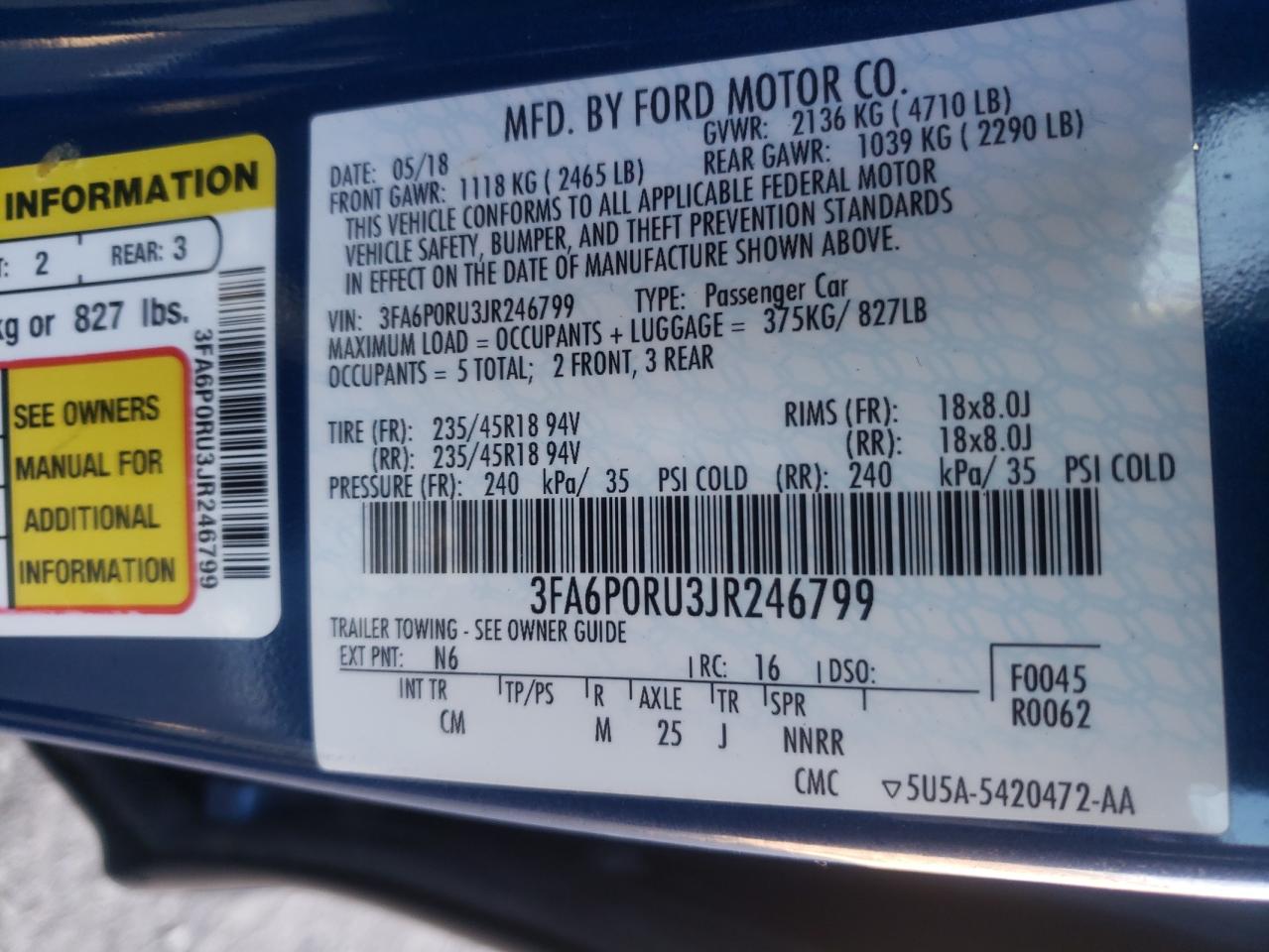 Photo 10 from auction – 2018 FORD FUSION TIT with VIN 3FA6P0RU3JR246799