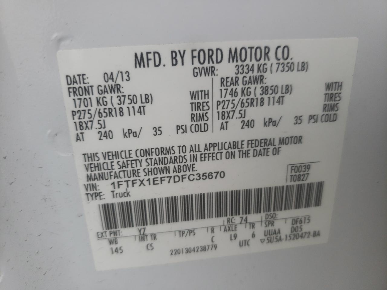 Foto 10 de la subasta – 2013 FORD F150 SUPER con VIN 1FTFX1EF7DFC35670