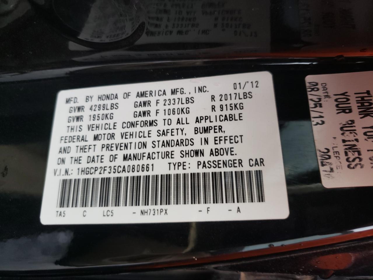 Photo 10 from auction – 2012 HONDA ACCORD LX with VIN 1HGCP2F35CA080661