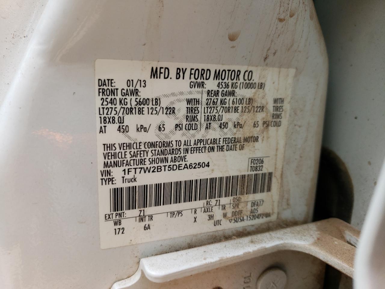 Photo 10 from auction – 2013 FORD F250 SUPER with VIN 1FT7W2BT5DEA62504
