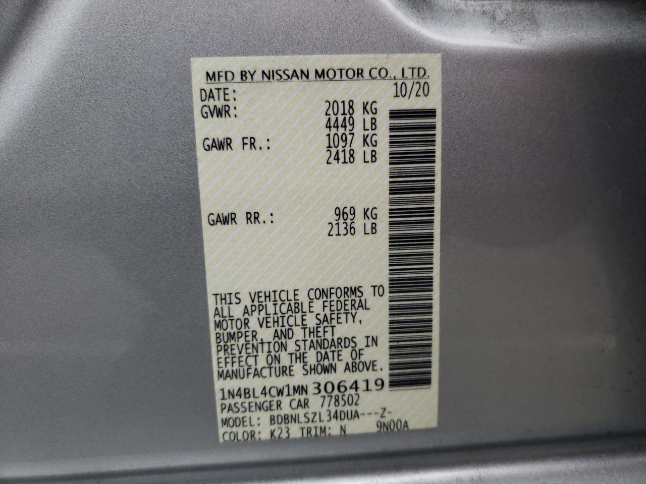 Photo 10 from auction – 2021 NISSAN ALTIMA SR with VIN 1N4BL4CW1MN306419