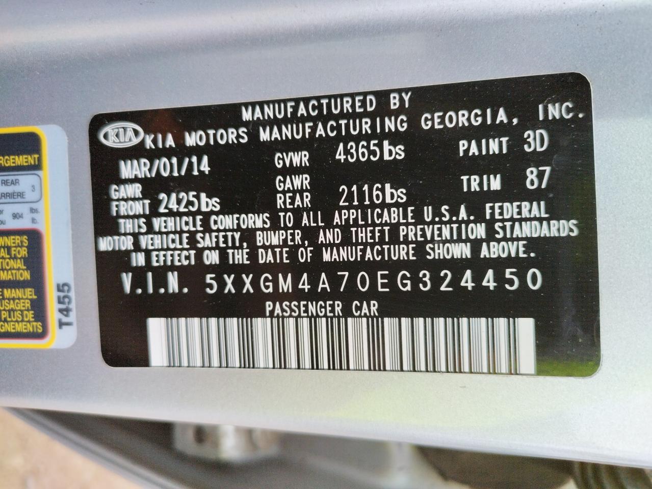 Photo 10 from auction – 2014 KIA OPTIMA LX with VIN 5XXGM4A70EG324450