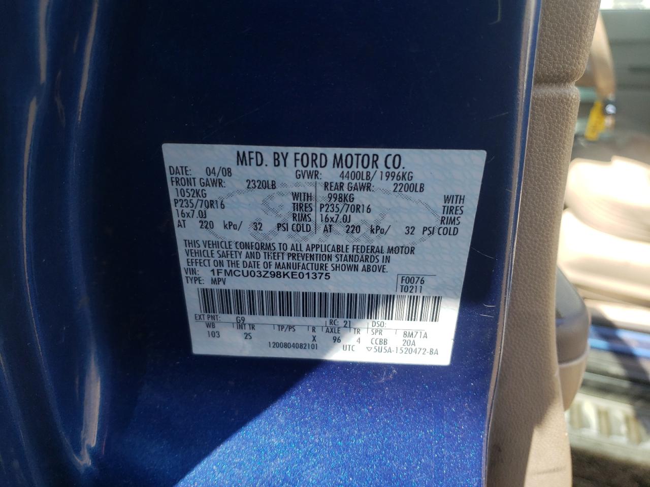 Photo 10 from auction – 2008 FORD ESCAPE XLT with VIN 1FMCU03Z98KE01375
