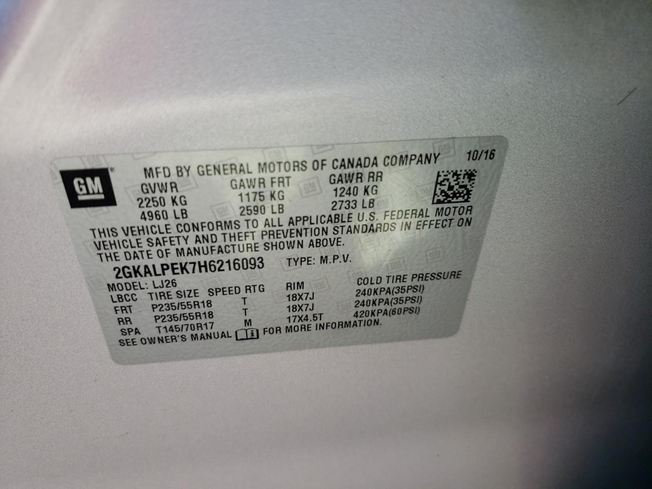 Photo 10 from auction – 2017 GMC TERRAIN SL with VIN 2GKALPEK7H6216093