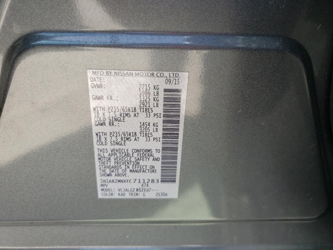 Photo 10 from auction – 2015 NISSAN PATHFINDER with VIN 5N1AR2MNXFC711283