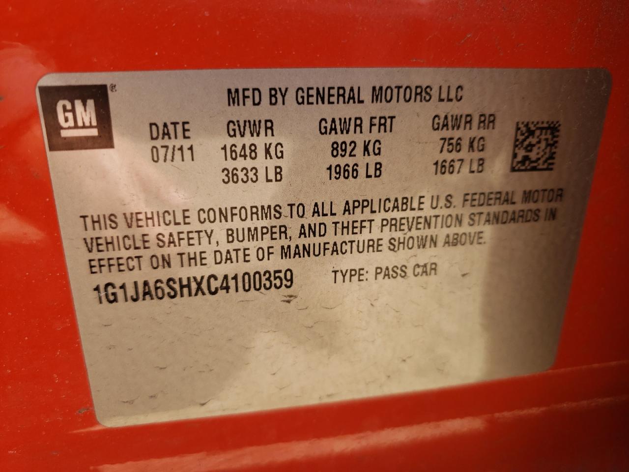 Photo 10 from auction – 2012 CHEVROLET SONIC with VIN 1G1JA6SHXC4100359