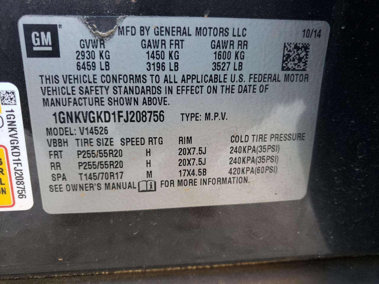 Photo 10 from auction – 2015 CHEVROLET TRAVERSE L with VIN 1GNKVGKD1FJ208756