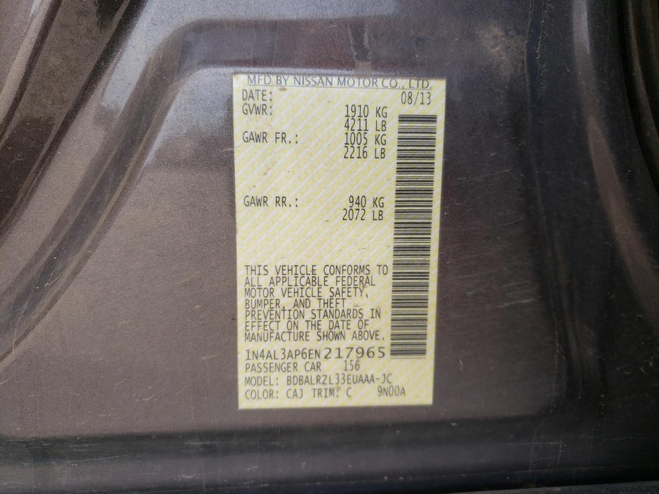 Photo 10 from auction – 2014 NISSAN ALTIMA 2.5 with VIN 1N4AL3AP6EN217965