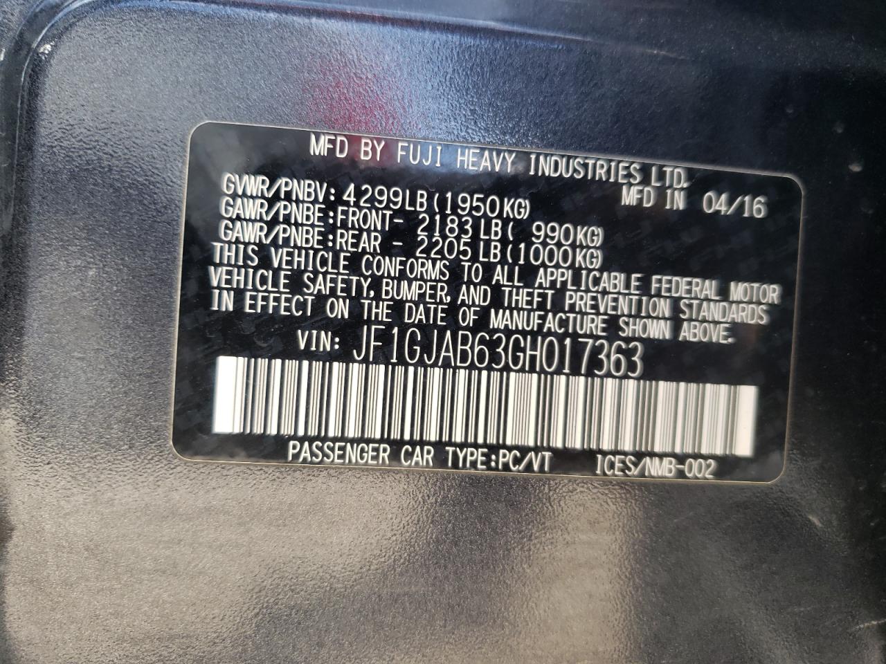 Photo 10 from auction – 2016 SUBARU IMPREZA PR with VIN JF1GJAB63GH017363